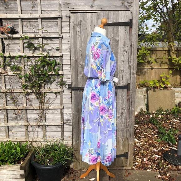 Vintage Midi Blouson Dress Light Blue Wacky 80's Plus Size 14/16 Secretary Belt - Picture 6 of 8